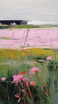 an oil painting of pink flowers and grass in a marshy area with a barn in the background