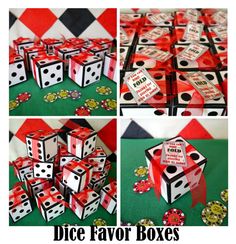 dice favors are arranged on the table with red and black boxes in front of them