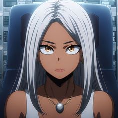 an anime character with white hair sitting in front of a cityscape and looking at the camera