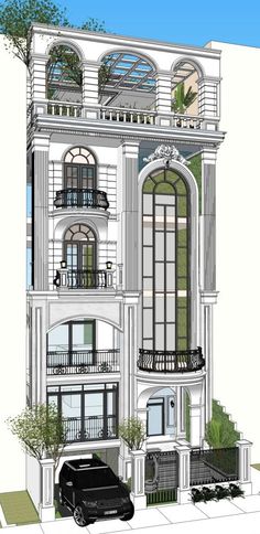 an architectural drawing of a building with balconies on the second floor and balcony