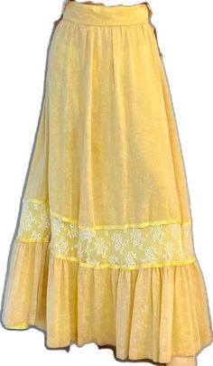 Yellow Bohemian Skirt With Ruffles, Yellow Ruffled Long Skirt, Yellow Full Maxi Skirt, Yellow Flowy Full Maxi Skirt, Yellow Maxi Full Skirt, Yellow Flowy Maxi Skirt, Vintage Yellow Lined Skirt, Summer Vintage Flowy Petticoat, Vintage Flowy Petticoat For Summer