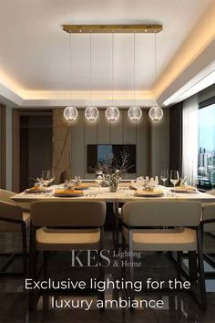 a dining room table and chairs in front of a large window with city lights on the ceiling