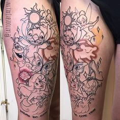 a woman's leg with cartoon characters on it and the bottom part of her thigh