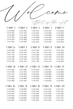 a table plan with the names and numbers for each place card in black ink on white paper