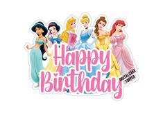 a birthday card with princesses and the words happy birthday written in pink on it