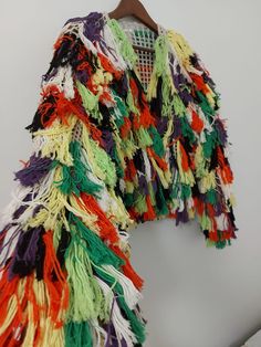 Multicolor Fringe Winter Outerwear, Multicolor Outerwear For Fall Costume Party, Green Fall Costume Outerwear, Multicolor Winter Outerwear For Costume Party, Multicolor Outerwear For Winter Costume Party, Fringe Coat, Shag Jacket, Shaggy Jacket, Party Jacket