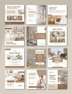 a set of brochures with brown and white colors on them, including furniture