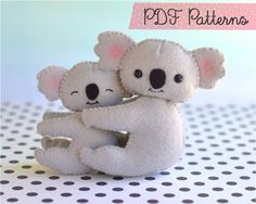 two stuffed koalas hugging each other on a polka dot tablecloth with the words pdf patterns