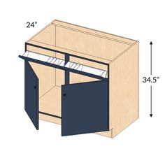 an image of a kitchen cabinet with the door open and drawers opened to show measurements