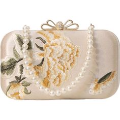 - Sophisticated Embroidery Design - The Stunning Women's Evening Bag Features Unique Embroidered, Classy, And Beautiful Details. It Includes A Detachable Faux Pearl Hand Strap And A Metal Chain, Allowing The Bag To Be Carried By Hand Or Worn Cross-Body, Depending On Your Preference. - Adequate Capacity - Measuring Approximately 7.87'' (L) X 2.16'' (W) X 5.23'' (H), This Clutch Is Perfect For Holding Your Small Essentials. Since The Bag's Material Is Not Stretchy, Avoid Overstuffing Or Forcing It White Embroidered Bag For Events, Embroidered White Bag For Events, White Embroidered Event Bag, White Embroidered Event Bags, Spring Evening Clutch Embroidered, Elegant Gold Evening Bag With Floral Embroidery, Beige Embroidered Evening Bag For Events, Spring Evening Embroidered Clutch, Floral Embroidered Evening Bags