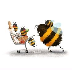 three bees are pushing a shopping cart full of honeybees to the next destination