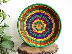 a colorful basket sitting on top of a tree stump next to a potted plant