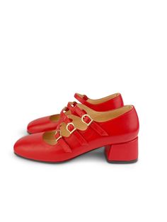 Step into timeless elegance with our 4.5 cm Block-Heeled Mary Jane Pumps, crafted from luxurious red leather. These pumps feature a classic square toe and three chic straps, offering a secure and stylish fit. Perfect for any occasion, these Mary Janes combine comfort with a touch of retro flair. Available in EU sizes 35 to 43, including options for wide widths, they cater to every foot shape, ensuring a perfect fit. Whether paired with a dress or tailored trousers, these versatile pumps will ele Luxury Mary Janes With Heel Strap And Square Toe, Luxury Chic Low Heel Mary Janes, Luxury Red Square Toe Heels, Luxury Chic Mary Janes With Block Heel, Luxury Square Toe Mary Janes With Heel Strap, Luxury Women's Square Toe Mary Janes, Luxury Low Heel Elegant Mary Janes, Luxury Classic Mary Janes With Heel Strap, Luxury Elegant Mary Janes With Block Heel