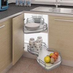 the kitchen has two shelves with plates and bowls on them, as well as fruit