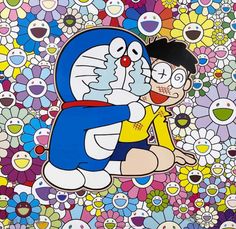 a cartoon character hugging another character in front of many flowers and plants, with one person holding the other's head