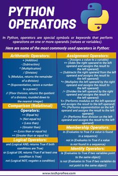 a poster with the words python operators on it