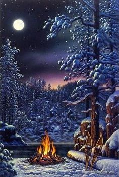 a painting of a snowy night with a campfire