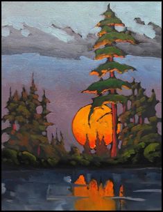 an oil painting of trees and water with the sun setting in the sky behind them