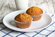 two muffins on a plate next to a glass of milk