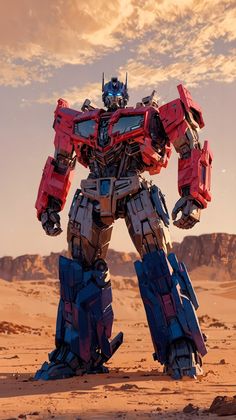 a giant robot standing on top of a dirt field in the desert with mountains in the background