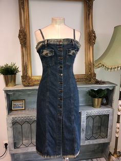 Sz M  Square neck camisole dress denim dress vintage 90 Y2K  Condition - very good Fitted Medium Wash Denim Dress With Spaghetti Straps, Y2k Style Summer Denim Dress, Y2k Summer Denim Dress, Summer Y2k Denim Dress, Fitted Y2k Denim Summer Dress, Fitted Denim Y2k Dress For Summer, Square Neck Denim Summer Dress, Square Neck Medium Wash Denim Dress For Summer, Summer Denim Square Neck Dress