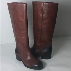 Lk-Aleid Color/Material: Dark Rust Rachel Leather Upper Manmade Lining-Sole Pull On Style Elastic Detail Approx. 15” Tall. 1 3/4” Heel Brown Low Heel Office Boots, Brown Low Heel Boots For Office, Brown Flat Heel Boots For Office, Brown Faux Leather Low Heel Boots, Brown Faux Leather Boots With Low Heel, Formal Brown Boots With Flat Heel, Brown Wide Calf Boots With Leather Lining, Brown Leather Boots With Flat Heel, Brown Leather Boots With Wide Calf Fit