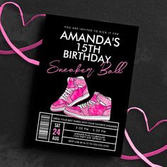 a birthday party card with pink sneakers and hearts on the front, in black background