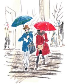 two people walking in the rain with umbrellas over their heads and one holding a purse