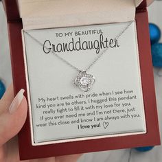 "To my beautiful Granddaughter - My heart swells with pride when I see how kind you are to others. I hugged this pendant really tight to fill it with my love for you. If you ever need me and I’m not there, just wear this close and know I am always with you. I love you!" This Granddaughter Necklace would be a beautiful heartfelt gift for your Granddaughter. Give this Granddaughter Gift to her for a special occasion such as her birthday, graduation, confirmation, the holidays, or any moment that y Granddaughter Jewelry, Granddaughter Necklace, Love You To Pieces, Knot Stud Earrings, Moon Gifts, Knot Studs, Big Diamond, Love Knot Necklace, Granddaughter Gift