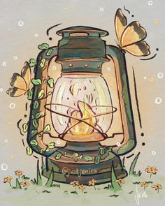 a painting of a lantern with butterflies on it