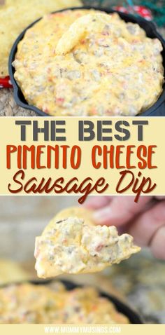 the best homemade cheesy sausage dip in a cast iron skillet and topped with cheese