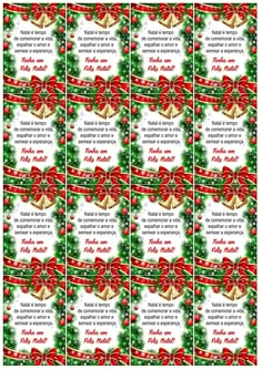 four christmas cards with red and green ribbons