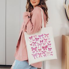 Trendy Tote Bag With Bow, Trendy Pink Shoulder Canvas Bag, Trendy Pink Canvas Shoulder Bag, Pink Shoulder Bag With Bow, Cute White Bag With Bow, Cute Pink Canvas Bag For School, Cute Everyday Bags With Bow, Cute Everyday Bag With Bow, Trendy Pink Shoulder Bag As Gift