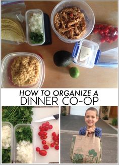 the collage shows how to organize a dinner co - op with food in plastic containers