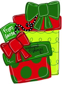 two presents wrapped in green and red paper with bows on them, one has a name tag that says mom santa