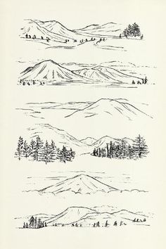 an ink drawing of mountains and trees