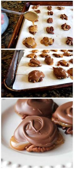 there are three pictures of chocolate covered donuts on the baking sheet and one is being drizzled with icing