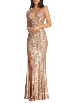 Dress the Population Iris Sequin Gown | Nordstrom Prom Dresses For 2025, Party Gown With Sweep Train And Split, Split Gown With Sweep Train For Party, Split Gown For Prom Season Evening, Split Gown For Prom Season, Glamorous V-neck Sequin Gown, Full Length Prom Dress With Side Slits, Glamorous Floor-length Evening Dress With Side Slits, Glamorous Maxi Length Evening Dress With Side Slits