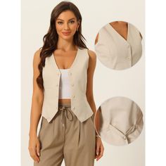 Elevate your summer wardrobe with a fashionable women's vest waistcoat. Its sleeveless design and V-neckline create a chic look that is perfect for any casual or semi-formal occasion. This button-down crop top can be paired with high-waisted jeans, skirts, or shorts to create various stylish outfits. Whether you're going to a music festival or a brunch date, this versatile vest adds a touch of style to your ensemble. A sleeveless vest is the perfect addition to your summer essentials. Stay fashi Casual Summer Vest With Built-in Bra, Sleeveless Summer Vest With Built-in Bra, Chic V-neck Vest With Buttons, Summer V-neck Vest With Button Closure, Beige V-neck Vest With Buttons, Summer Vest, Sleeveless Suit, Brunch Date, Women's Vest