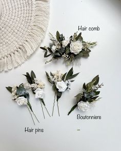 four different types of flowers on a white surface with the words hair combs, hair pins, and bouquets