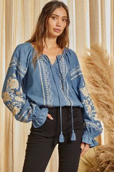 Savanna Jane Cotton Embroidered Blouse - Denim – Debra's Passion Boutique Casual Embroidered Puff Sleeve Blouse, Embroidered Bishop Sleeve Cotton Top, Embroidered Cotton Bishop Sleeve Top, Bohemian Cotton Blouse With Embroidered Cuffs, Spring Long Sleeve Embroidered Top, Long Sleeve Cotton Embroidered Top With Cuffs, Spring Top With Embroidered Puff Sleeves, Spring Long Sleeve Top With Embroidered Cuffs, Spring Puff Sleeve Top With Embroidered Sleeves