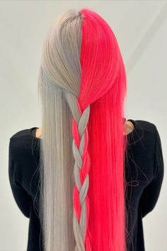 You'll be sure to stun this spooky season with a two-toned vivid Aveda Color creation by @_hairbytlc. This split-dye color combo catches every eye with pale silver and neon pink hair. If you're ready for your own unique hair color customization, tap to locate an Aveda Salon near you. ⭐️  #AvedaArtist #AvedaColor #SplitDye #SilverHair PinkHair Halloween Hair Color, Neon Pink Hair, Unique Hair Color, Aveda Hair Color, Split Dye, Aveda Hair, Going Blonde, Aveda Salon, Aveda Color