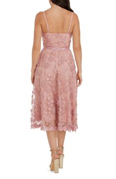 Make a statement on the dance floor in this enchanting floral embroidered lace dress designed with a voluminous fit-and-flare silhouette. 35" center front length (size Medium) Hidden back-zip closure Deep V-neck Adjustable straps Lined 100% nylon Hand wash, dry flat Imported Feminine Scalloped Lace Dress For Prom, Lace Evening Dress With Floral Embroidery And Fitted Bodice, Lace Evening Dress With Floral Applique For Gala, Spring Gala Dress With Scalloped Lace, Gala Lace Evening Dress With Floral Applique, Gala Evening Dress With Floral Applique Lace, Lace Evening Dress With Intricate Embroidery For Gala, Floral Embroidered Midi Lace Dress For Wedding, Feminine Lace Evening Dress For Gala