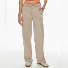 Never Worn Brand New With Tags High Rise Beige Cargo Style Bottoms, Beige Cargo Style Bottoms, High Rise Beige Cargo Bottoms, Wide Leg Neutral Cargo Pants For Spring, Casual Neutral Pants With Side Pockets, Beige Full Length Utility Pants, Casual High Rise Beige Bottoms, Casual Beige High Rise Cargo Pants, Casual High-rise Beige Bottoms