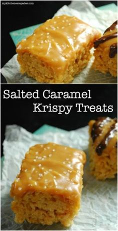 salted caramel krispy treats with chocolate drizzled on top and the words salted caramel krispy treats above them