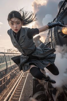 a woman is jumping off the side of a train with her hair in the wind