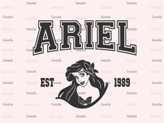 ariel the little mermaid with her name in black and white on a light pink background