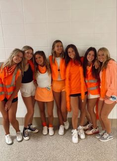 Orange Team Spirit Outfits, Orange Out Spirit Week Outfits, Orange School Spirit Outfits, Neon Day At School Outfits, Construction Day At School, Neon Orange Shorts Outfit, Neon Group Outfits, Neon Construction Football Theme, Construction Dress Up Day High School