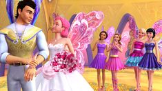 barbie and the fairy princesses are standing in front of each other with their bouquets