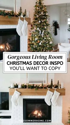 a living room decorated for christmas with stockings on the fireplace